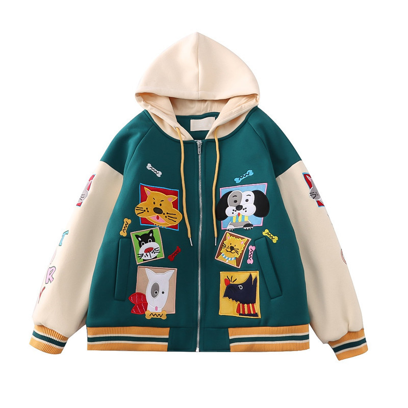 古着感中通卡通贴布刺绣连帽宽松夹棉夹克外套棉衣棉服女-阿里巴巴
