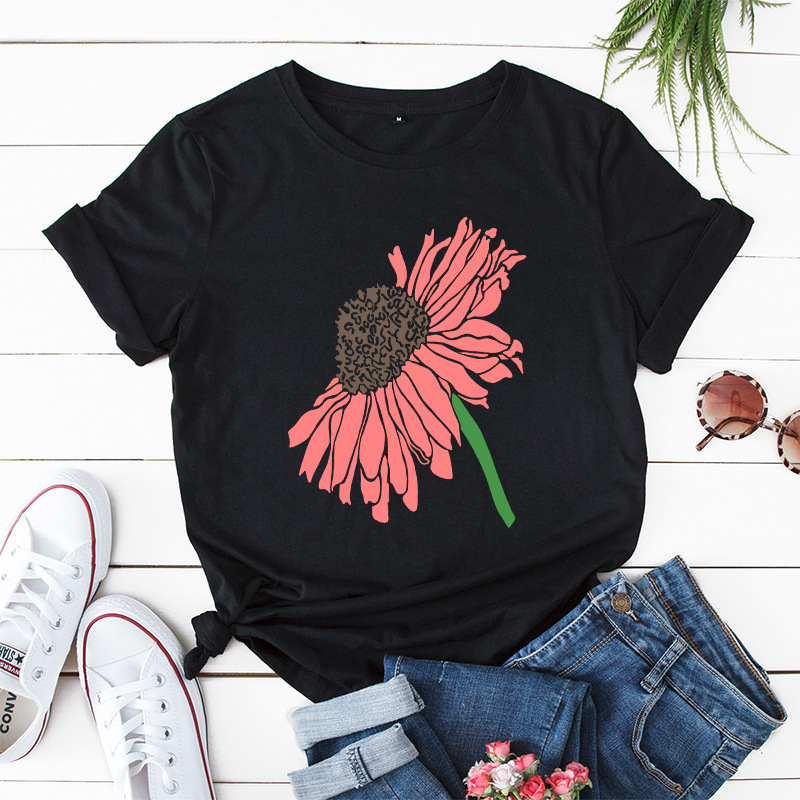 欧美女装圆领宽松创意向日葵图案印花夏季短袖t恤女上衣
