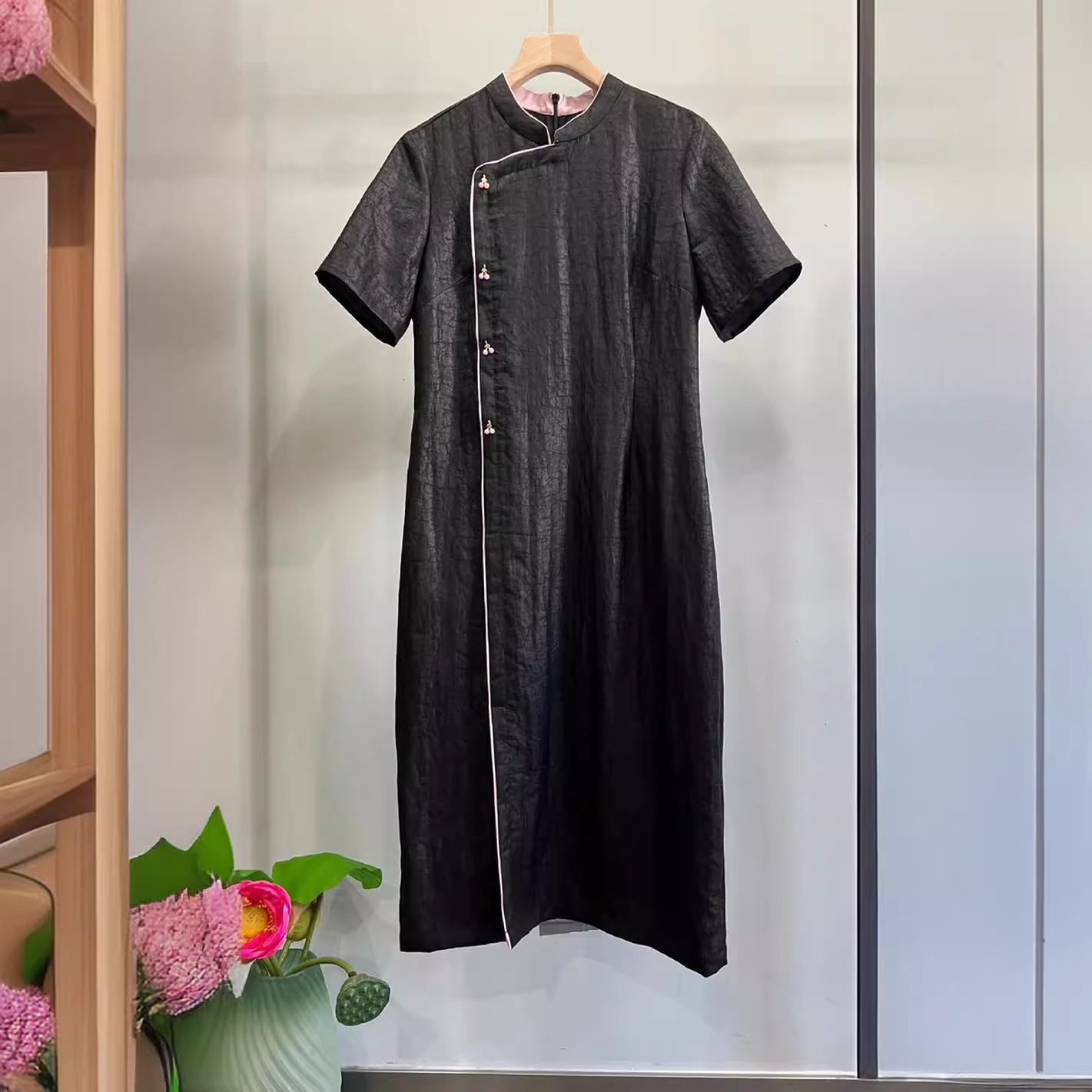 6619夏新款 桑蚕丝香云纱 黑色复古撞色龟裂纹连衣裙s-xl不退不换