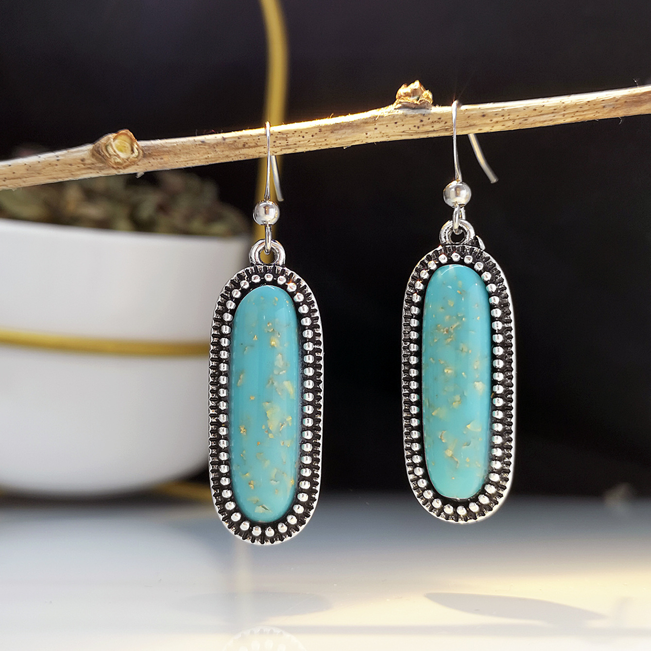 荣钰 欧美新品复古绿松石耳环 闪耀兰金砂石925耳环 电商饰品厂家