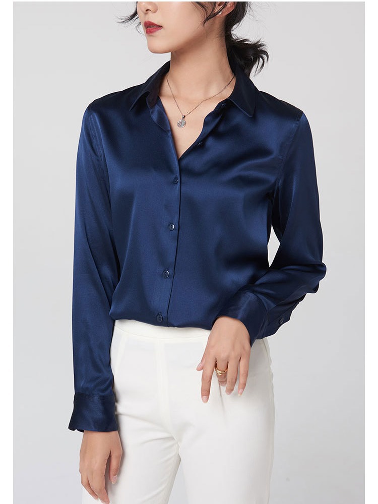 Mulberry Silk Silk Shirt Women's 2024 Spring and Autumn Business Wear Contrast Color Long Sleeves Shirt Commute Slim-Fit Square Collar Top Women Clothes