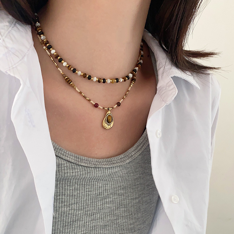 Natural Tiger Eye Necklace Autumn and Winter Maillard Irregular Design High-Grade Sweater Chain Retro Coffee Color Clavicle Chain