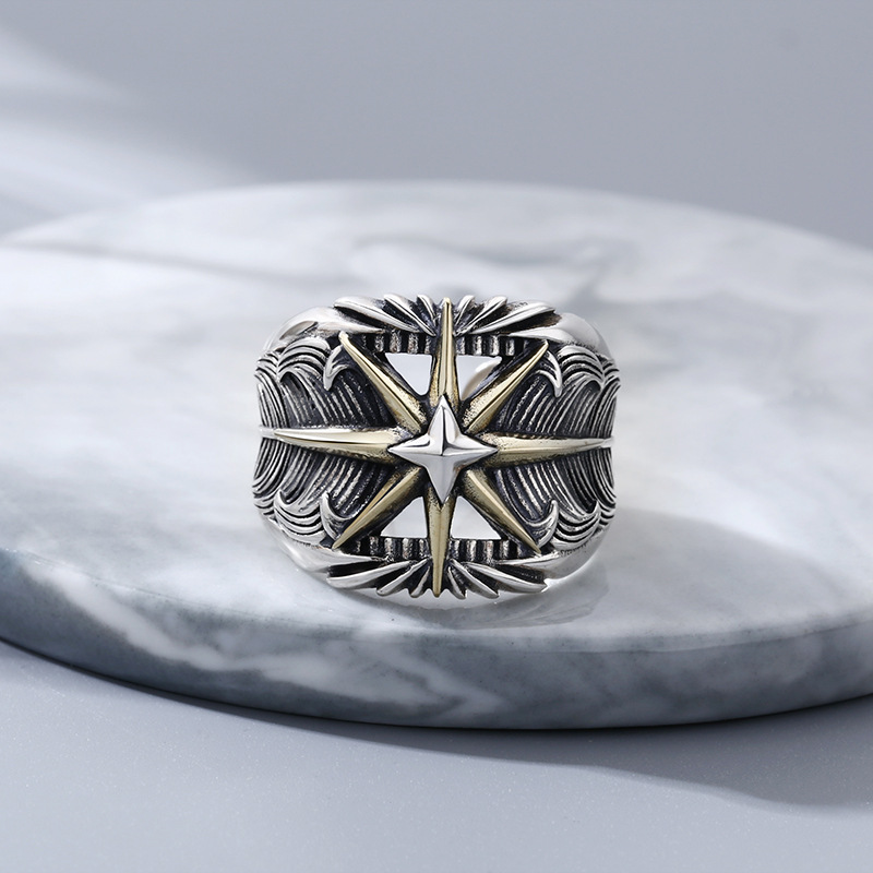 批发s925纯银 星芒戒指男女 个性指环羽毛食指开口泰银复古饰品