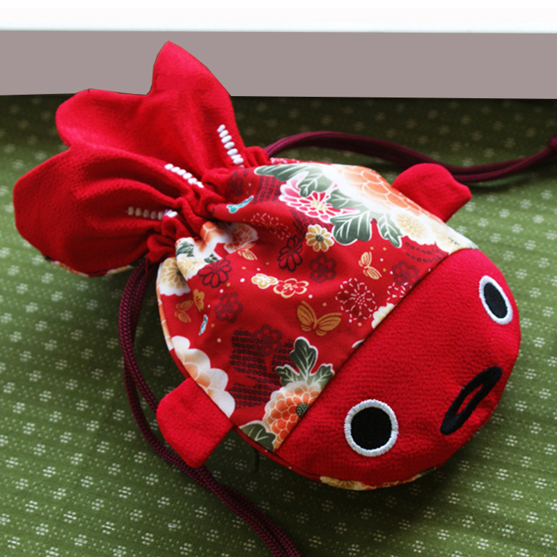 日本金鱼收纳福袋小布袋 红色喜庆 和风布艺尾巴束口袋抽绳批发