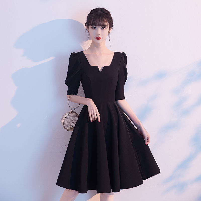 法式小个子晚礼服裙女宴会气质洋装显瘦平时可穿黑色主持人连衣裙