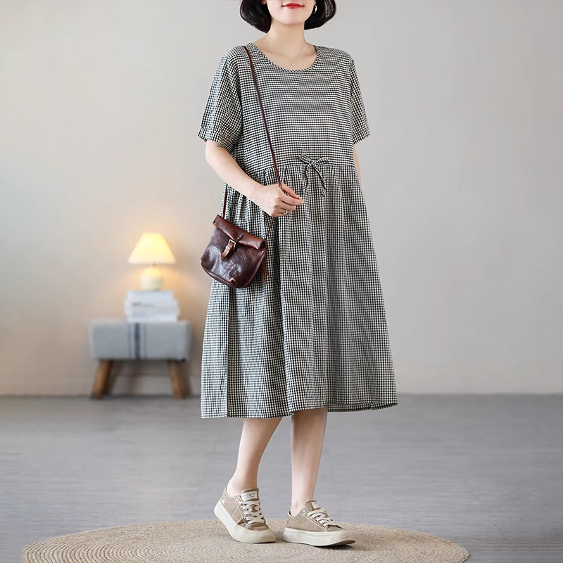 格子连衣裙女 夏季新款 复古休闲百搭宽松显瘦文艺短袖裙子女430