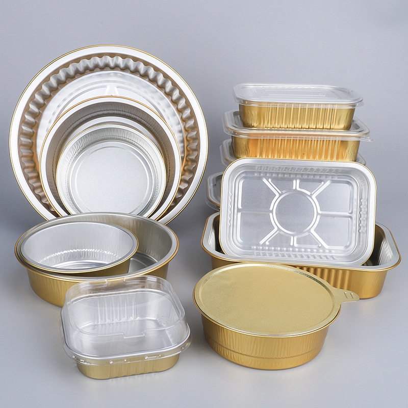 加厚金色锡纸盒一次性外卖打包铝箔餐盒可密封长方形圆形保温餐具