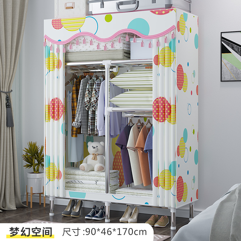 Wardrobe Simple Cloth Wardrobe Thickened Steel Pipe Reinforced Double Wardrobe Assembly Fabric Full Steel Frame Hanger Clothes Cabinet Storage