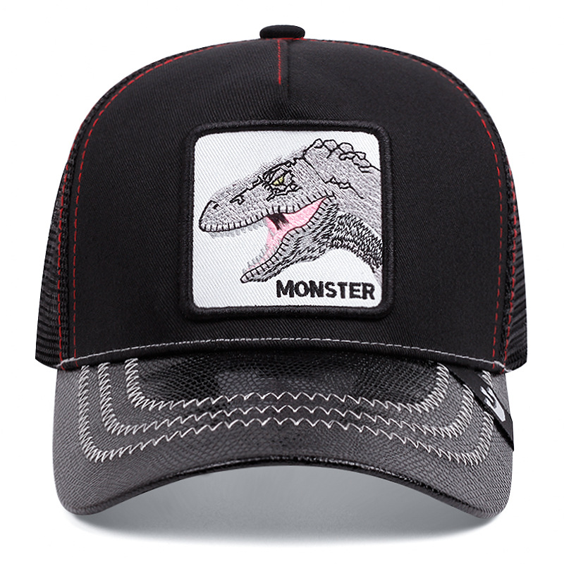 Dinosaur Embroidered Baseball Cap Leather Outdoor Animal Peaked Cap Summer Sunshade Breathable Net Cap American Truck Driver