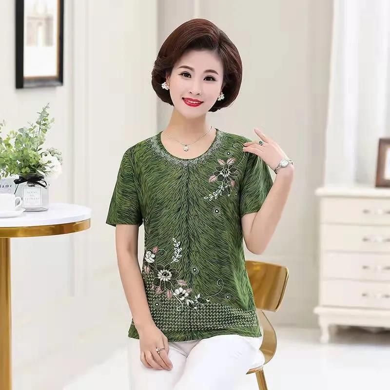 1688 Stall Supply Wholesale Summer Women's T-shirt Gilding Ice Silk Mom's Shirt Short Sleeve Middle-Aged and Elderly Large Size Women's Clothing
