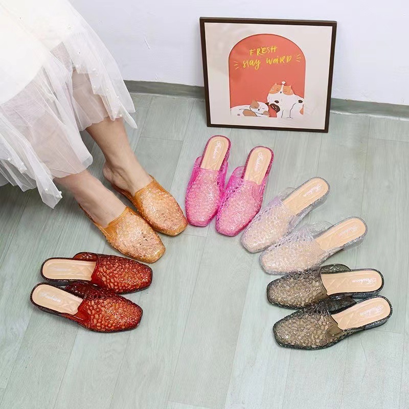 Slippers Female Summer New Korean Style Thick Heel Crystal Closed Toe Home Indoor and Outdoor Slip-Resistant Comfortable Wedge Women's Sandals