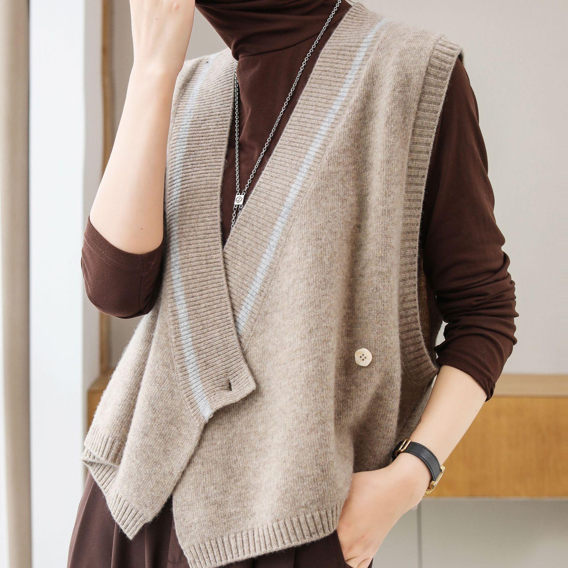 撞色全毛马甲女短无袖针织开衫外搭背心坎肩2022春季女装新款批发