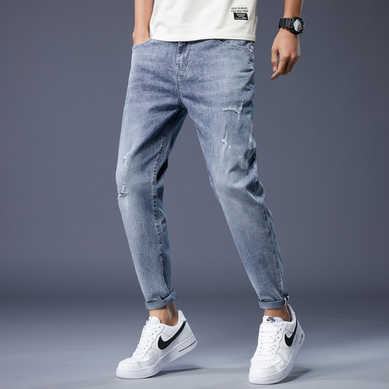 春夏新款韩版浅色牛仔裤男士靓仔小脚裤破洞休闲男装牛仔裤子弹力