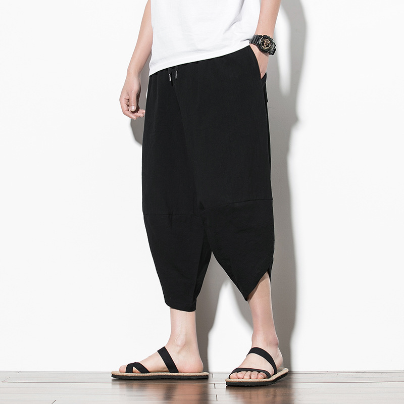 2021厂家批发日韩站款男士七分棉麻灯笼裤萝卜裤 阔脚裤一件代发