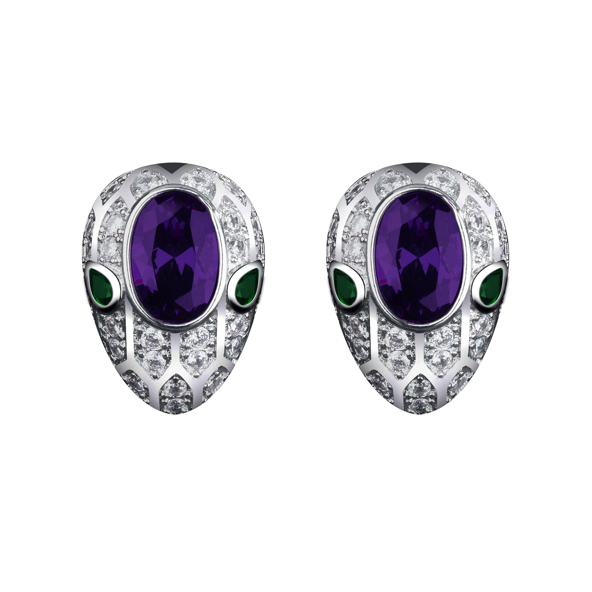 Gaoding Jewelry Amethyst Snake-Shaped Set Purple Diamond Snake Pendant Open Ring Colored Gems Stud Earrings Short Clavicle Chain
