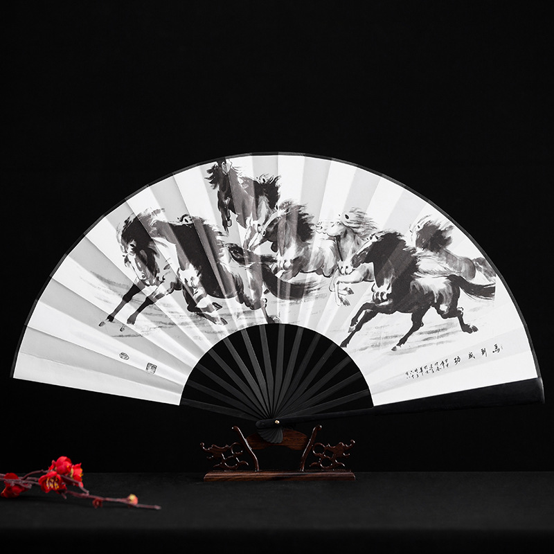10寸男生霸气折扇中国风古风夏季水墨山水画书法绢布定制随身扇子