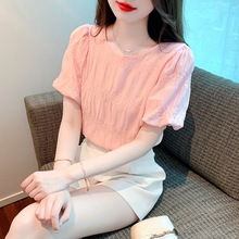 粉色圆领短袖上衣女2024夏款新款时尚甜美减龄设计感花苞袖衬衫潮