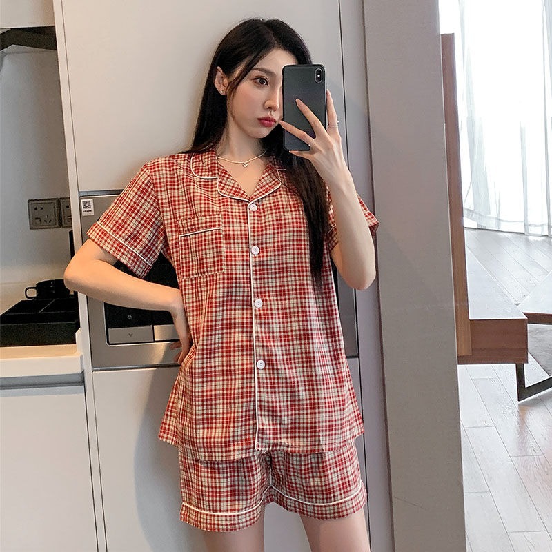 夏季格子睡衣女士韩版开衫休闲短袖短裤家居服梭织棉甜美学生套装