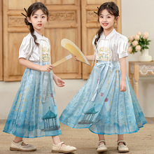 中小童女夏季新款2024新中式中国风刺绣泡泡袖兰亭集序马面裙套装
