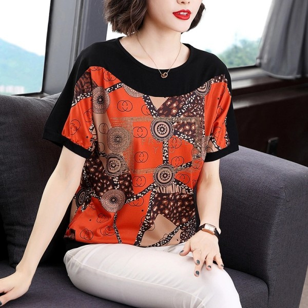 Mother's Wear 2023 New Fashion Foreign Trade Popular Style Stitching Large Size Women's Printed round Neck Short Sleeve T-shirt Women's Top