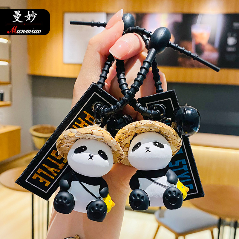 Genuine Straw Hat Little Friend Panda Series Hand String Clip Keychain Bell Pendant Creative Cartoon Small Gift Wholesale