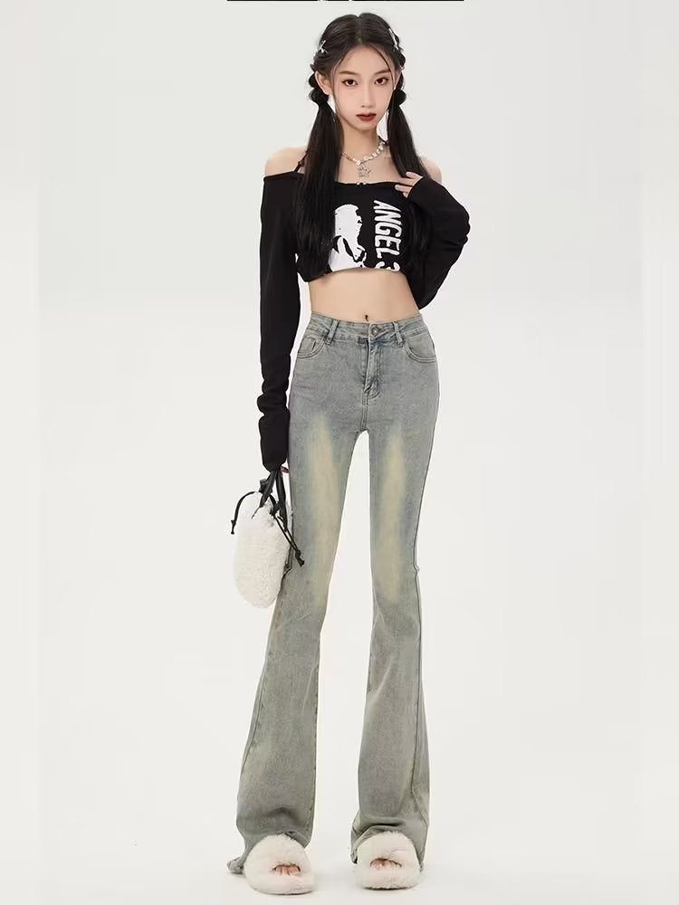 New High Waist Stretch Bootcut Trousers Jeans Women's Autumn Trousers Street American Hot Girl High Street Fashion Pants Women