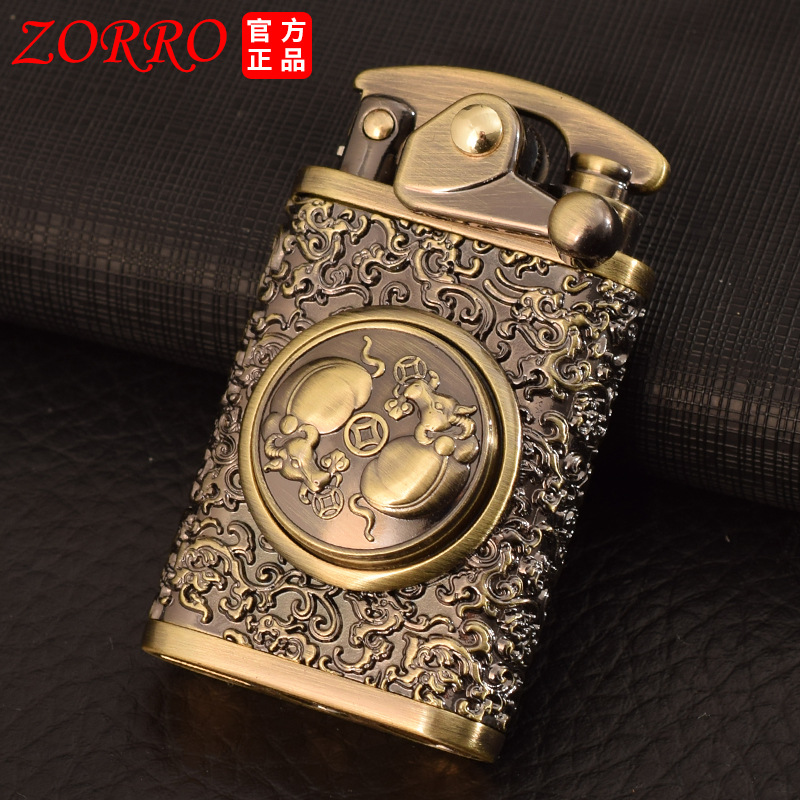佐罗592摇臂煤油打火机青铜拉丝祥云纹解乏转盘把玩工艺品批发