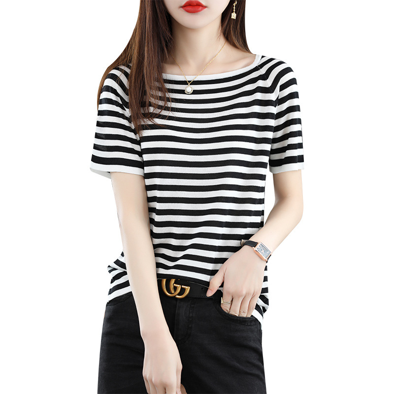 薄款冰丝条纹短袖t恤女夏季新款方领天丝体恤宽松针织半袖女批发