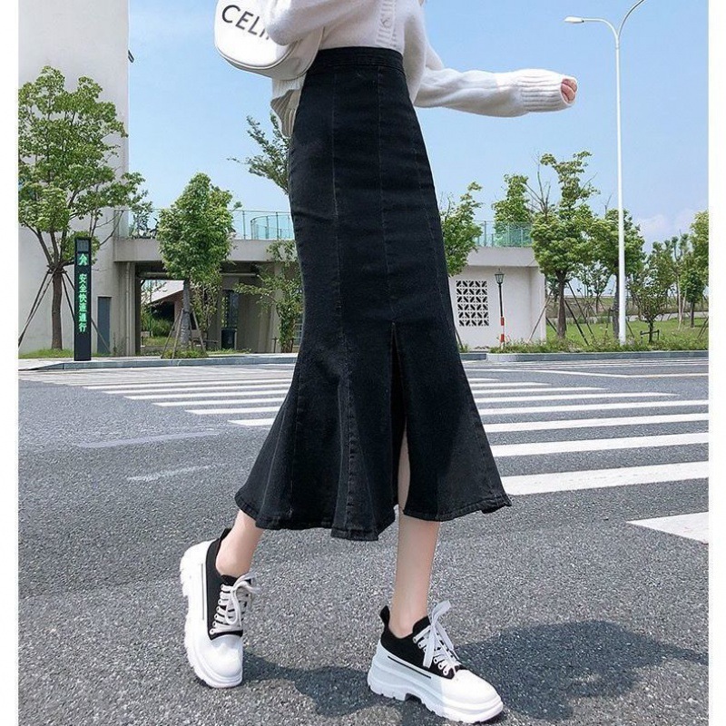 Japanese Single Skirt Short Denim Women's Autumn New Student High Elastic All-Match Mid-Length Sheath Fishtail Fashion