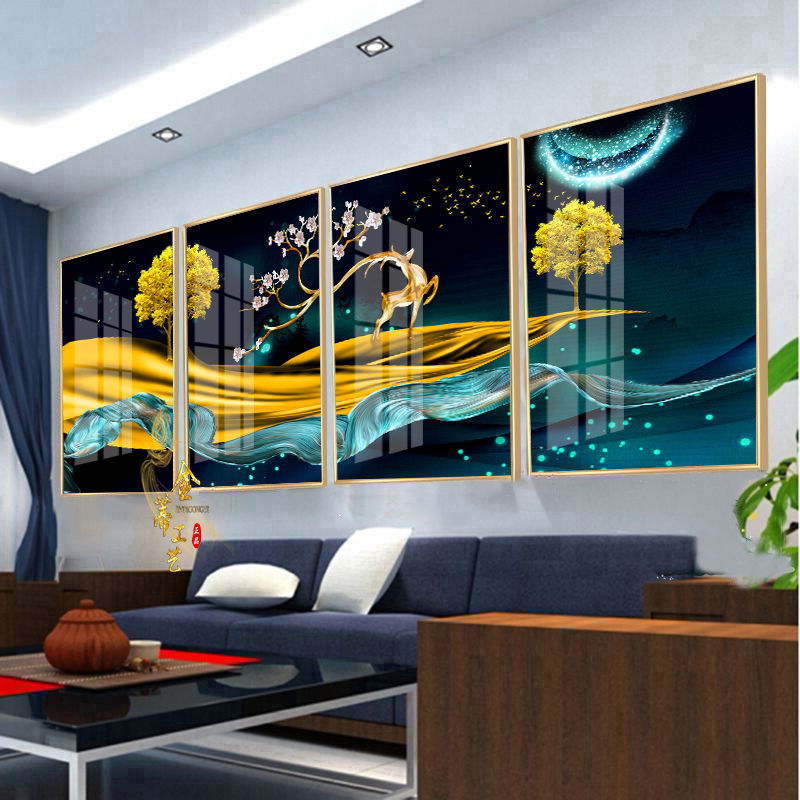 客厅装饰画四联挂画冰晶玻璃有框画晶瓷画沙发背景墙卧室走廊壁画