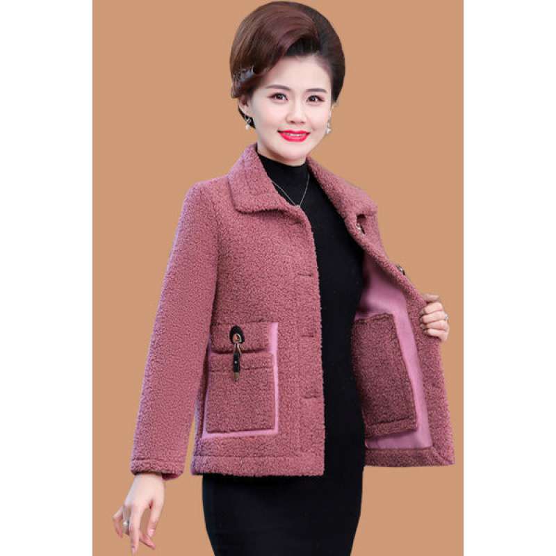 女士新款洋气妈妈秋装羊羔绒外套中老年女装冬装颗粒绒短款上衣服