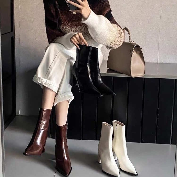 尖头短靴瘦瘦靴女2025秋冬季新款粗跟法式百搭中高筒显瘦带跟靴子