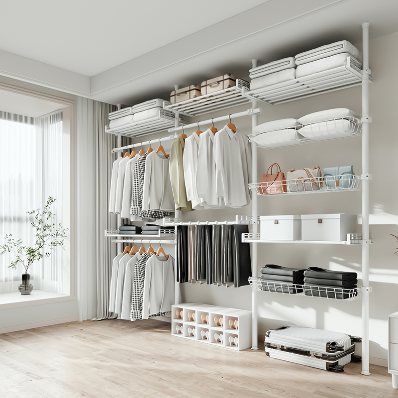 Stand-up Storage Rack Hanging Clothes Drying to the Top Open Cloakroom Rack Bag Assembly Rod Metal Wardrobe Floor