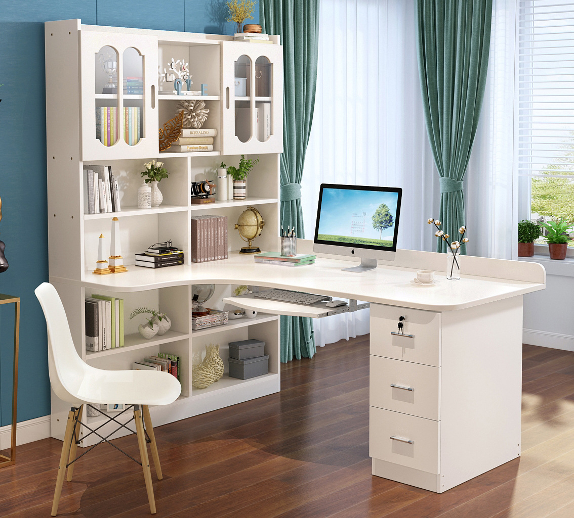 实木转角电脑桌家用墙角台式书桌书架书柜一体组合儿童写字学习桌