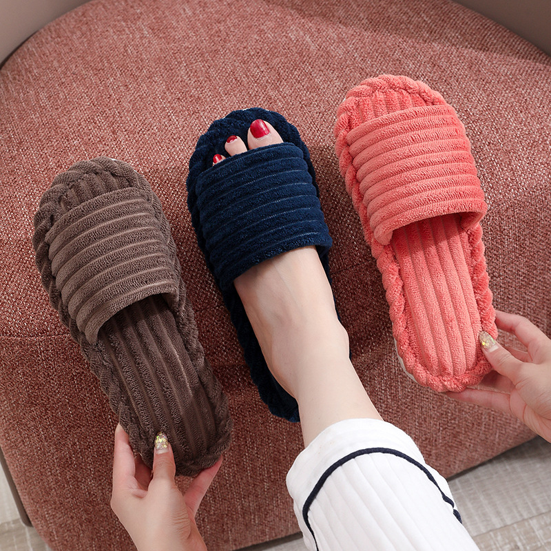 cross-border slippers open spring and autumn home non-slip flat couple fashion simple open toe furry slippers