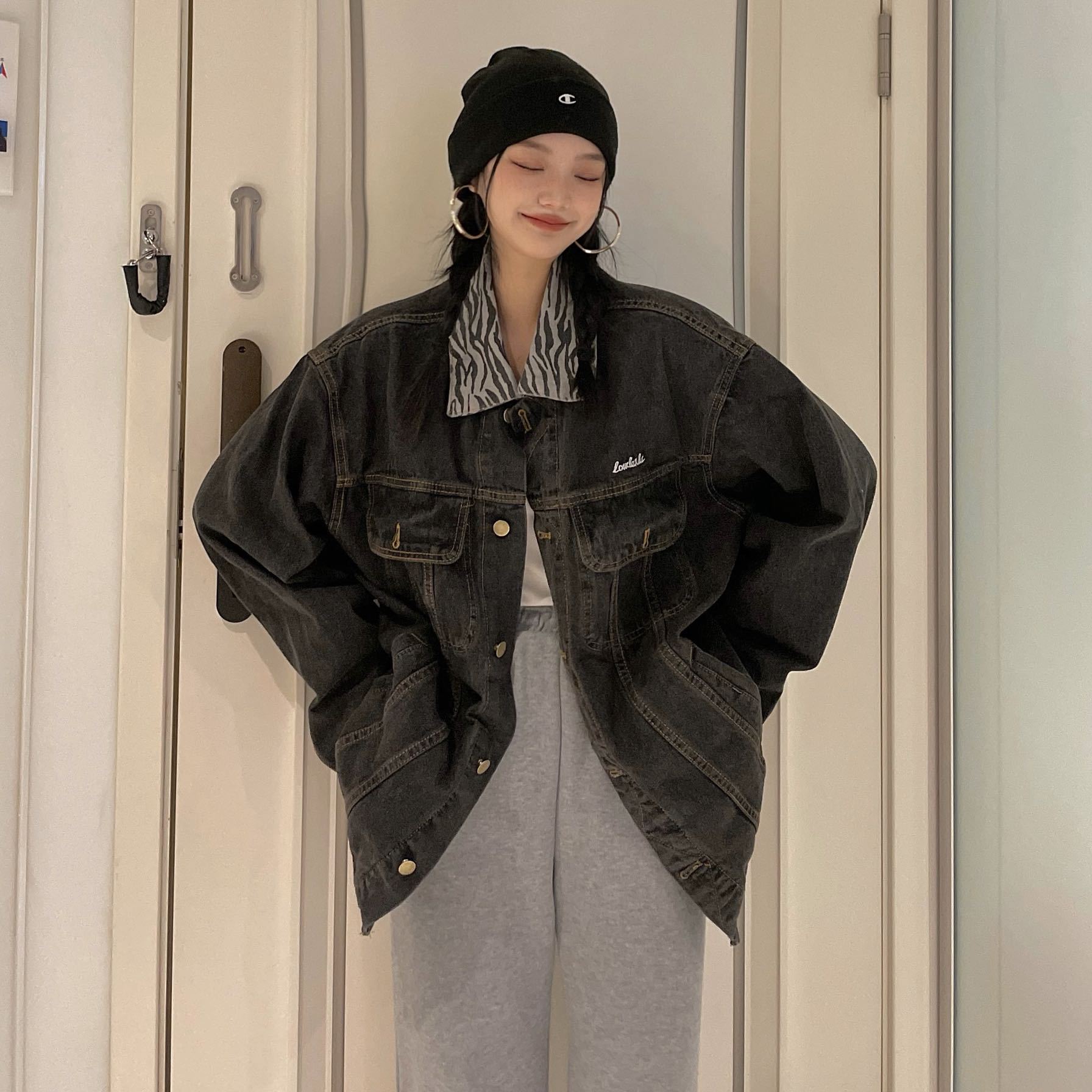 2021年新款秋季韩版ins港风斑马纹拼接上衣宽松黑色牛仔外套女潮