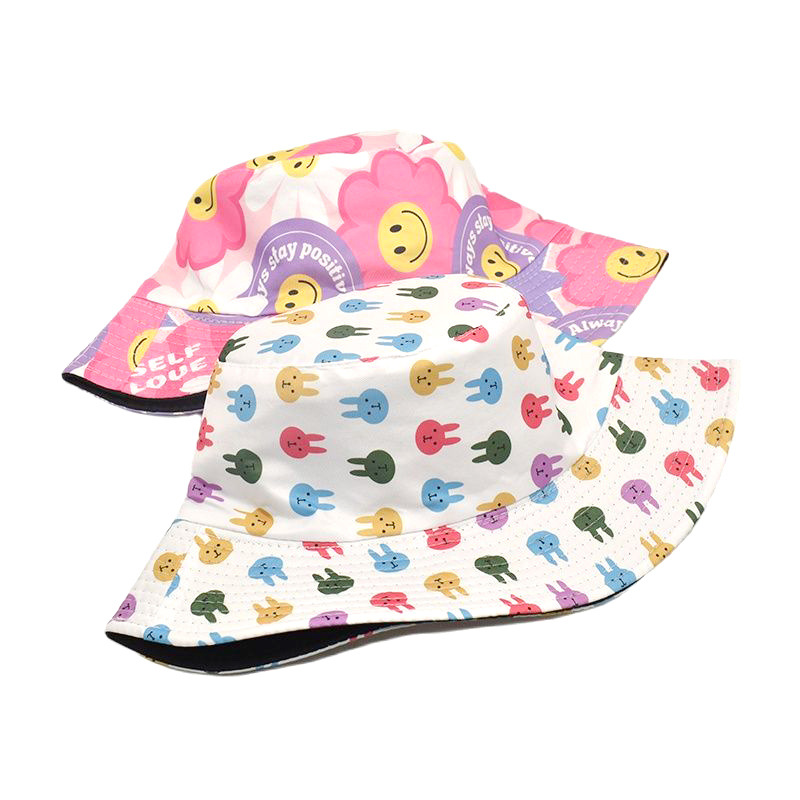 Summer Smiley Creative Cartoon Double-Sided Printing Bucket Hat Outdoor Beach Sun Hat Korean Style Sun-Proof Basin Hat Wholesale