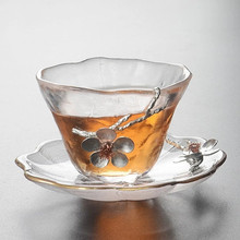 日式锤纹玻璃小茶杯碟锡梅花品茗杯玻璃单杯主个人透明杯子