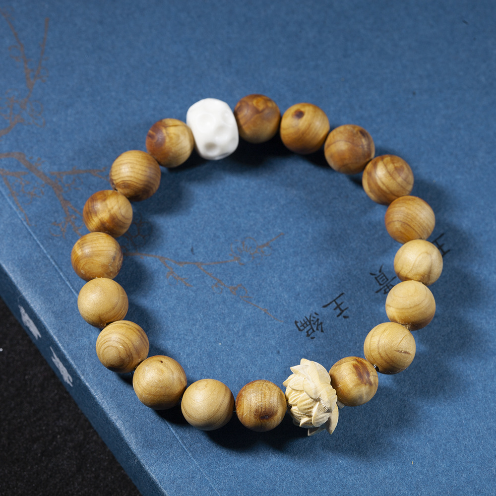 新中式天然崖柏手链黄杨木小莲花手串单圈可盘佛珠文玩松石手饰