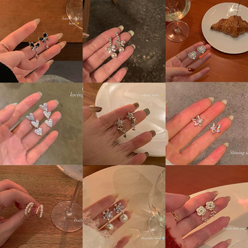 s925银针珍珠锆石冷性风耳环女森系高级感小众百搭耳钉耳饰品批发