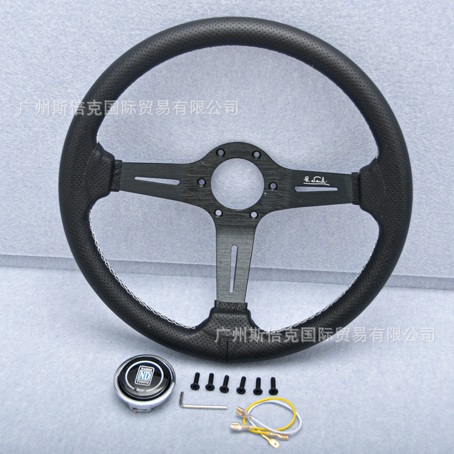 跨境热销 汽车14寸方向盘 nd针空皮黑色方向盘 中凹皮革方向盘