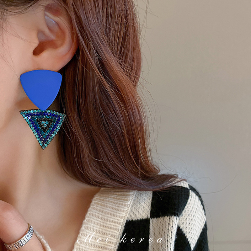 Silver Needle Vintage Blue Diamond High-Grade Flower Feather Tassel Earrings Korean Personalized Ear Studs New Earrings Women