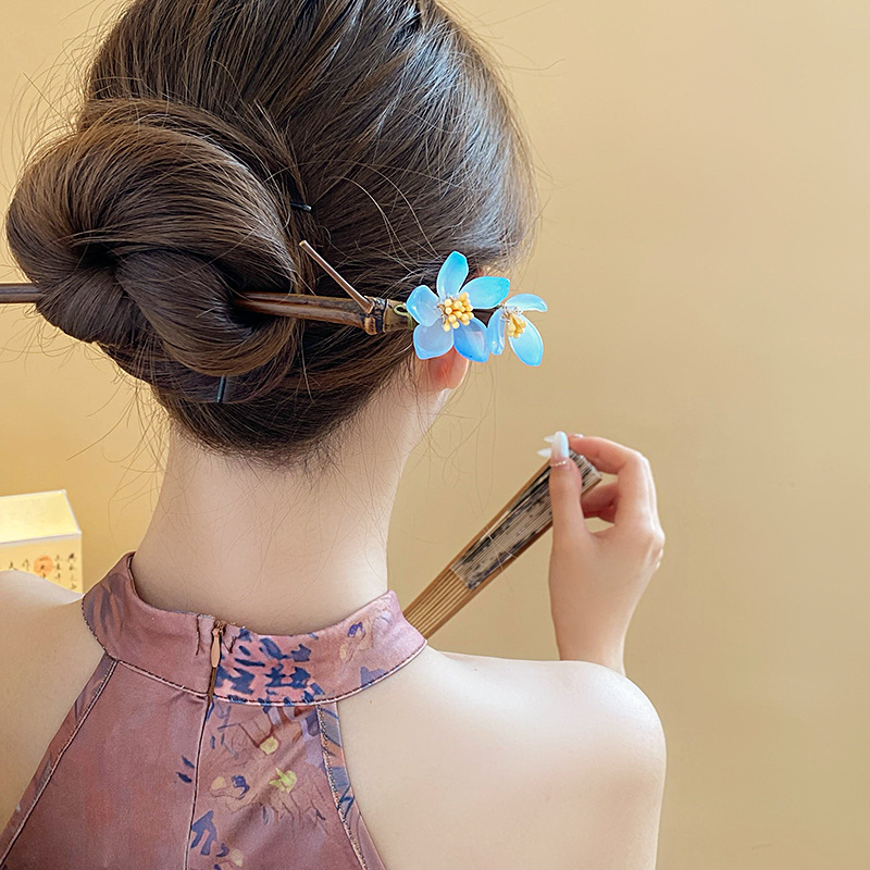 New Chinese Style Sweet Flowers Bamboo Bamboo Leaves Wooden Hair Clasp Hairpin Ancient Style Updo Hair Clasp Stylish Hair Accessories Wholesale Female