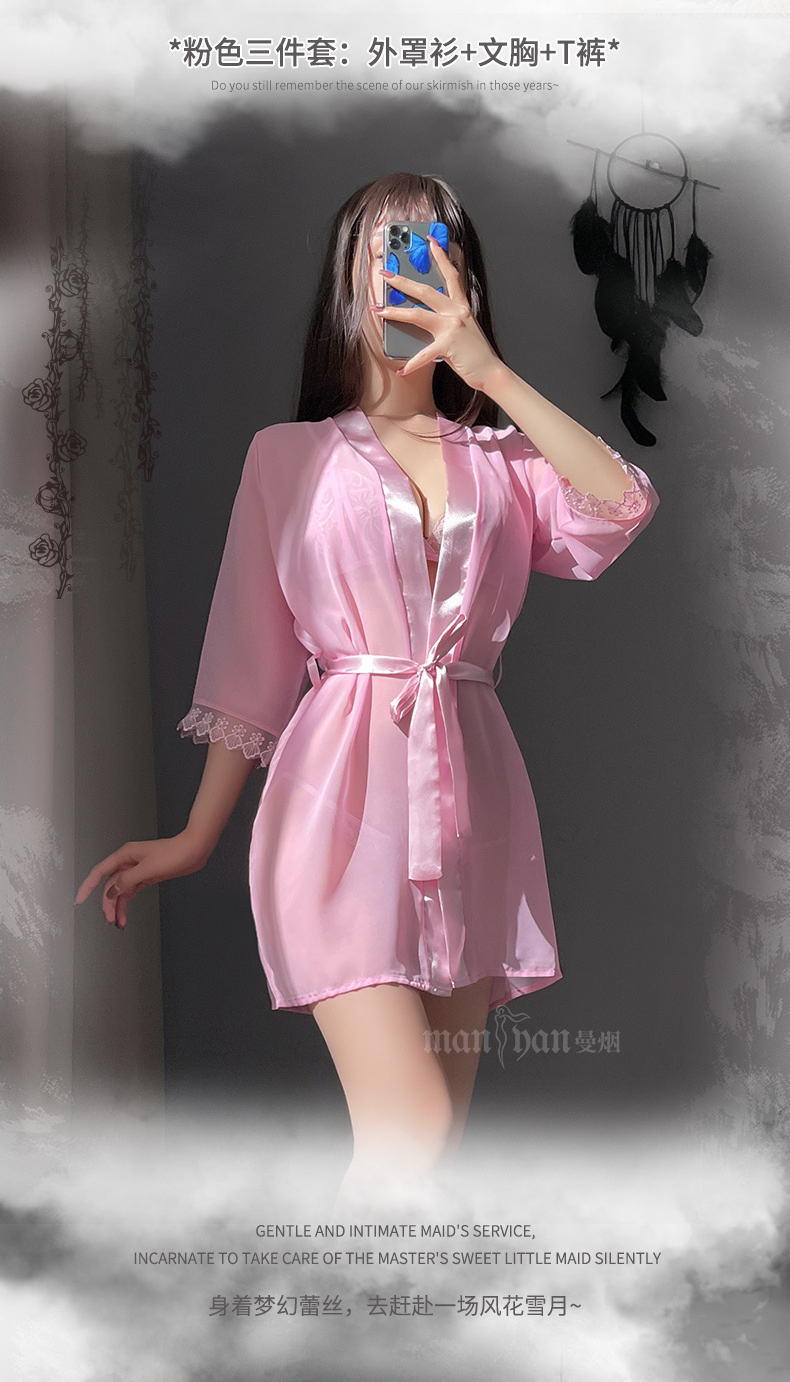 曼烟情趣内衣性感透视诱惑三点式开档睡裙蕾丝睡衣三件套装zm8801