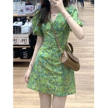 连衣裙女收腰显瘦绿色泡泡袖茶歇短裙夏季韩系温柔风气质裙子