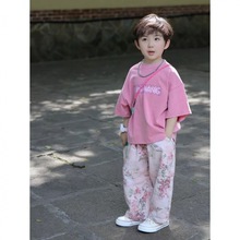 2024年春季时尚印花T恤+碎花长裤两件套套装儿童新款潮流韩版