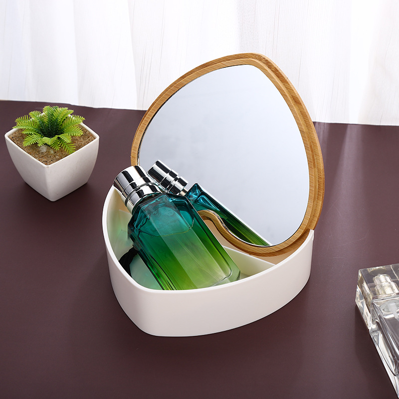Daifa Desktop Cosmetics Storage Box Mirror Dormitory Vanity Box Dustproof Portable Accommodation Bamboo Cover Lipstick Shelf