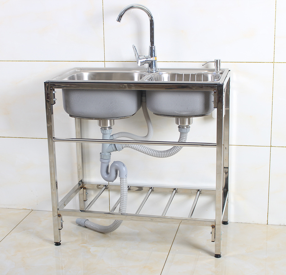 不锈钢水槽带支架厨房简易出租房水池双槽304洗菜盆家用大洗碗池