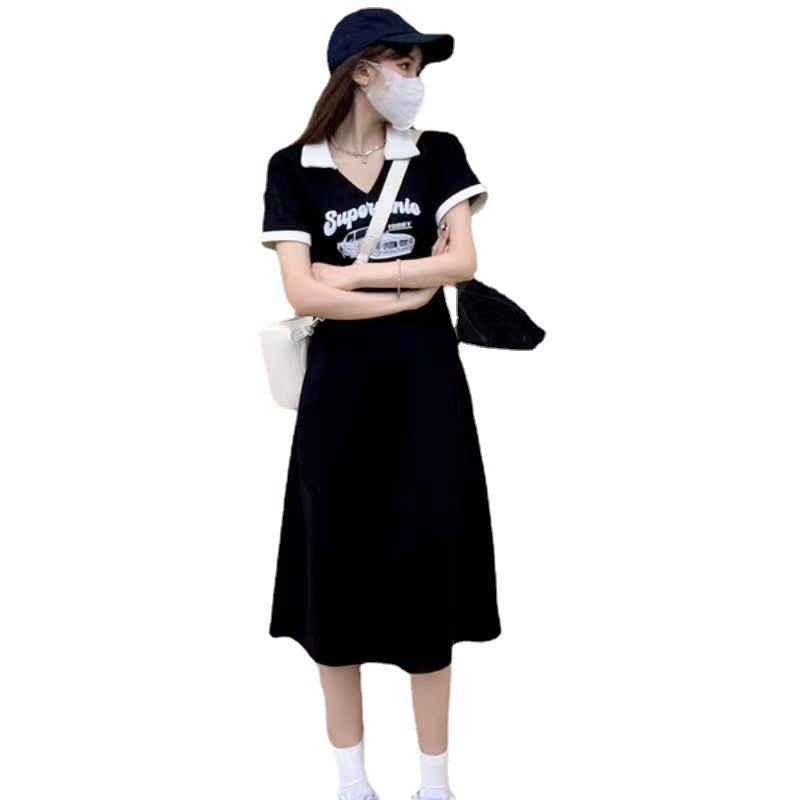 Dress Women's Tight Waist Summer Plump Girls plus Size Contrast Color T-shirt Skirt Mid-Length Polo Collar Long Dress Women