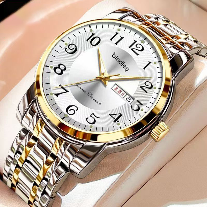 2025年新款男士手表男数字式防水夜光日历韩版双日历钢带石英表